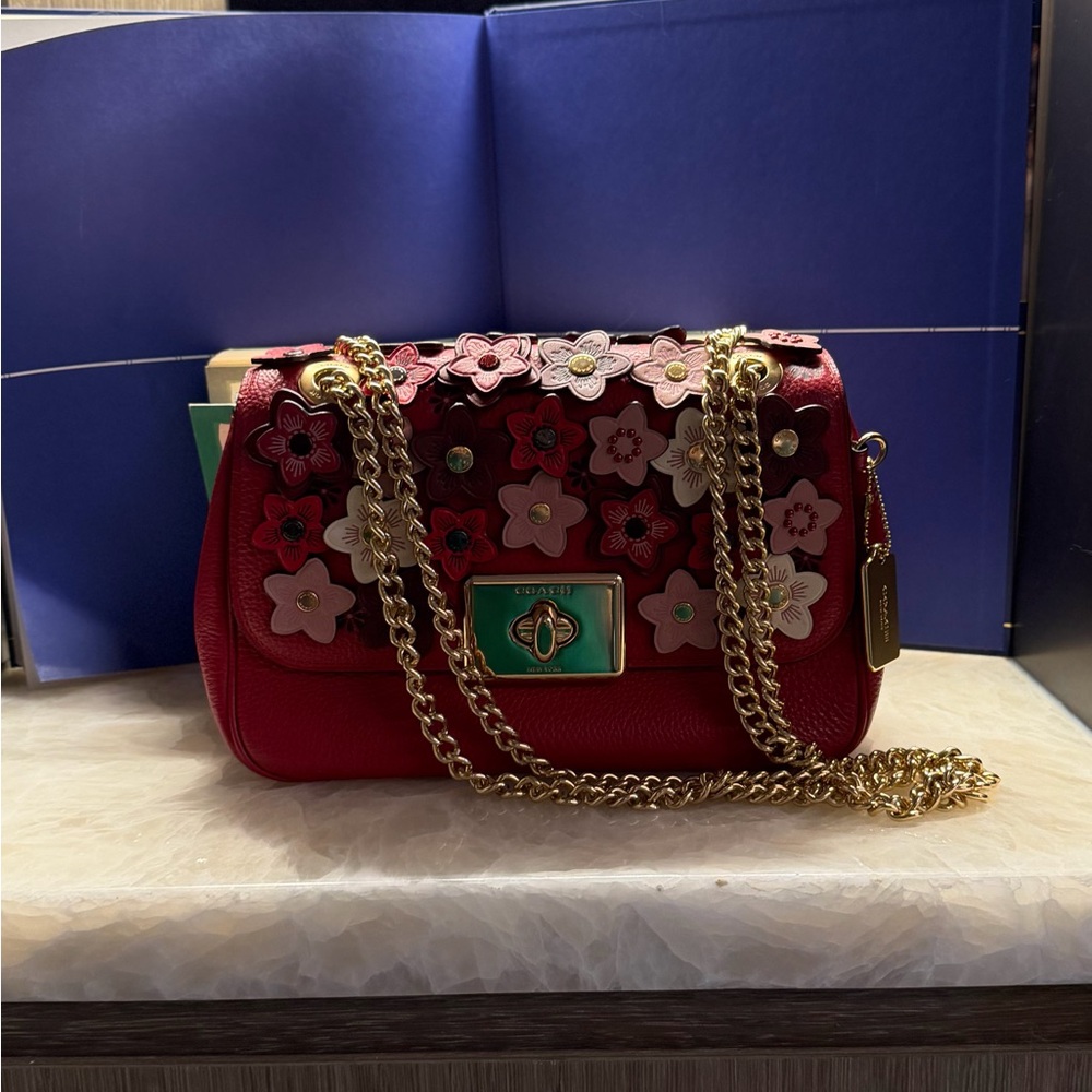 Coach Red Floral Appliqué Shoulder Bag with Gold Chain and Green Turn-Lock